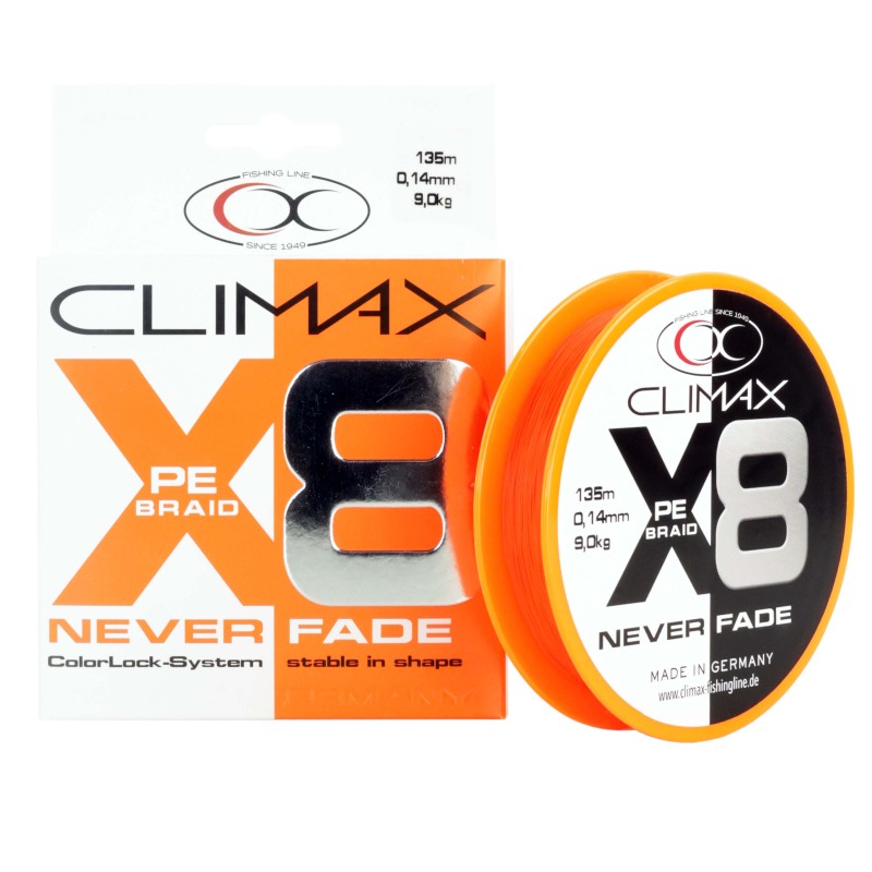 TRESSE 8 BRINS NEVERFADE BRAID ORANGE 0.14MM 135M CLIMAX