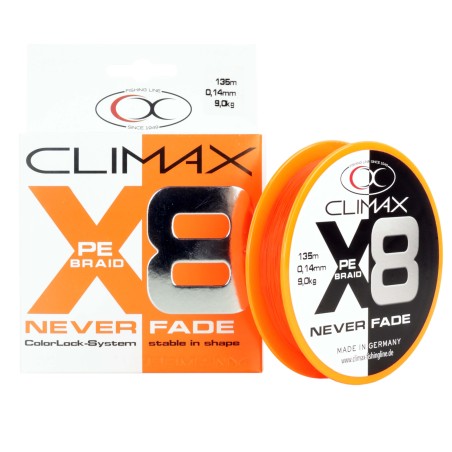 TRESSE 8 BRINS NEVERFADE BRAID ORANGE 0.14MM 135M CLIMAX